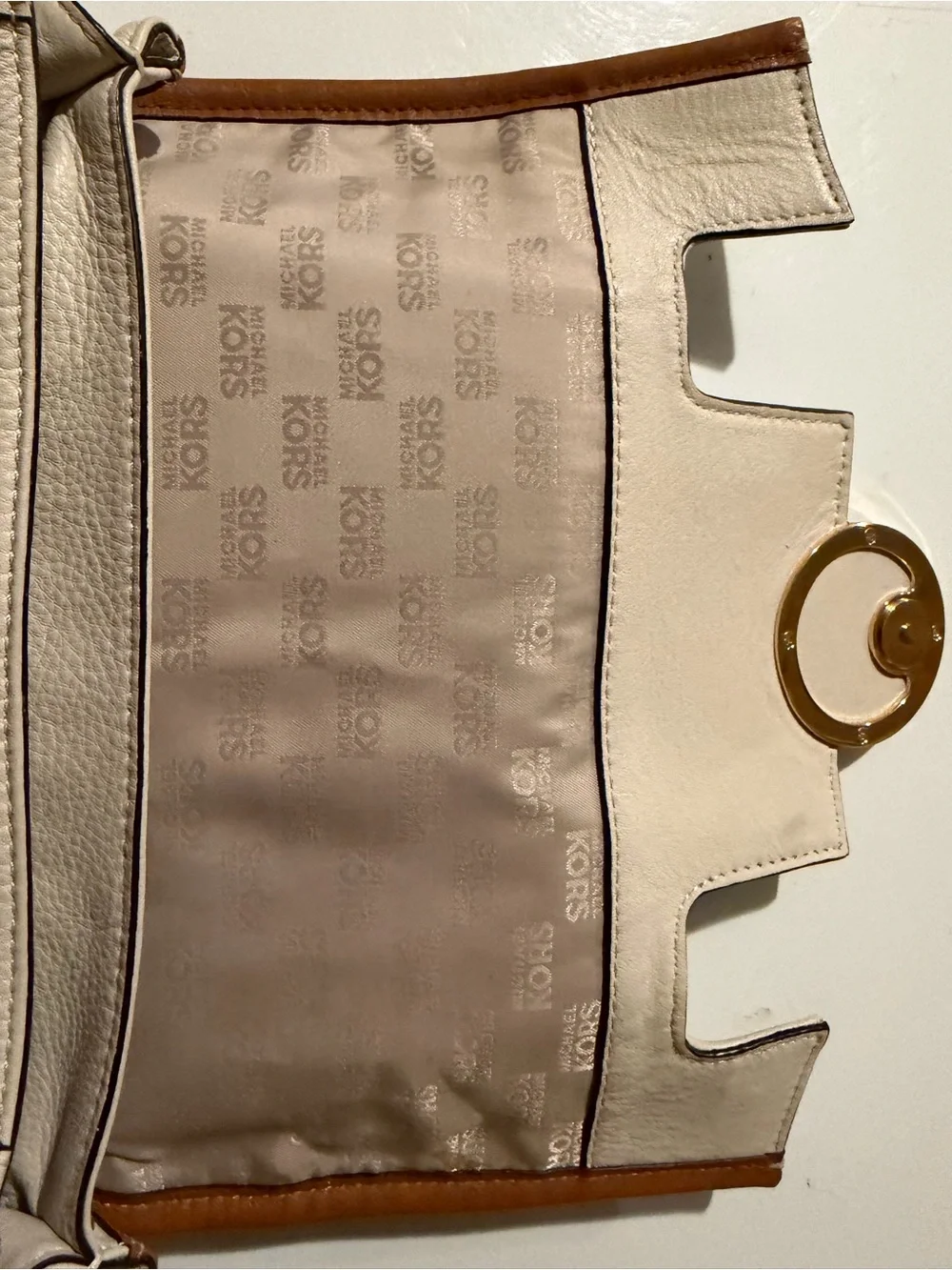 Michael Kors Cream Leather Satchel with Tan Trim